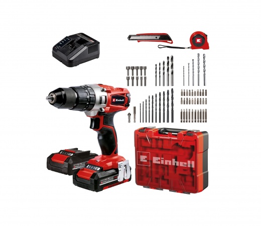 KIT TALADRO PERCUTOR INALAMBRICO 18V + 2 BATERIAS 2.0Ah + 64 ACCESORIOS + CARGADOR + MALETIN