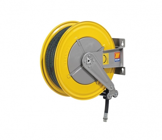 ENRROLLADOR F-555, AUTOMATICO FIJO, DE ACERO PINTADO, PARA ACEITE 105 BAR, MANGUERA 3/4"20m, EN GOMA SINTETICA NEGRA, EMPALME GALVANIZADO, JUNTA GIRATORIA 90°